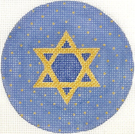 Kate Dickerson Needlepoint Collections 4” Round - Star of David - Golds on French Blue Needlepoint Canvas