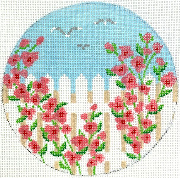 Kate Dickerson Needlepoint Collections 4” Round - Rose Covered Picket Fence Needlepoint Canvas