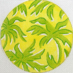 Kate Dickerson Needlepoint Collections 4” Round - Lilly Inspired Palm Trees - Greens on Lemon Yellow Needlepoint Canvas