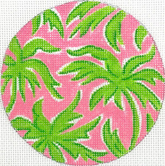 Kate Dickerson Needlepoint Collections 4” Round - Lilly Inspired Palm Trees - Greens on Hot Pink Needlepoint Canvas