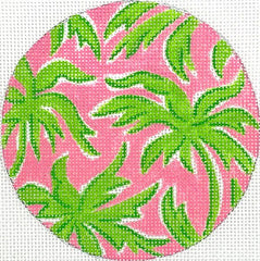 Kate Dickerson Needlepoint Collections 4” Round - Lilly Inspired Palm Trees - Greens on Hot Pink Needlepoint Canvas