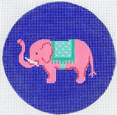 Kate Dickerson Needlepoint Collections Pink Elephant with Turquoise Blanket - on Bright Blue Needlepoint Canvas