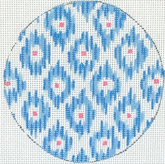 Kate Dickerson Needlepoint Collections 4” Round - Ikat - Soft Blues & Pink with Bright Blue Letter Needlepoint Canvas