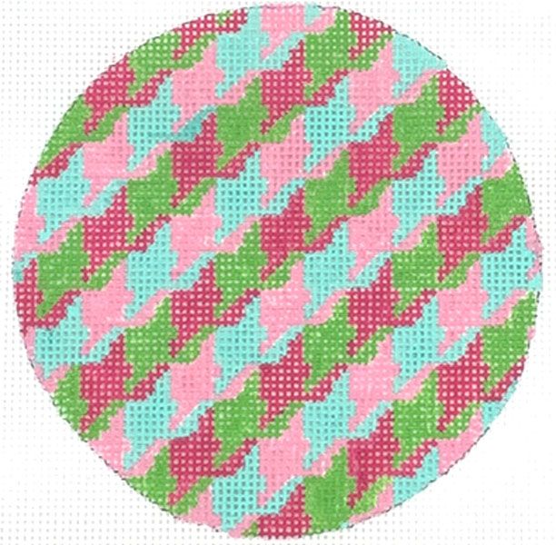 Kate Dickerson Needlepoint Collections 4” Round - Houndstooth - Multi Brights with White Letter Needlepoint Canvas