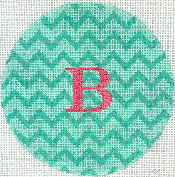 Kate Dickerson Needlepoint Collections 4” Round - Zigzag - Double Turquoise with Watermelon Letter Needlepoint Canvas