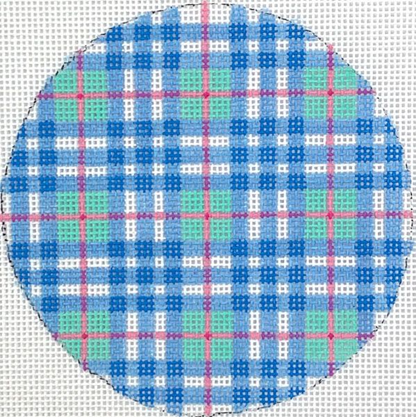 Kate Dickerson Needlepoint Collections 4” Round - Madras Plaid - Turquoise, Blue & Pink with Blue Letter Needlepoint Canvas