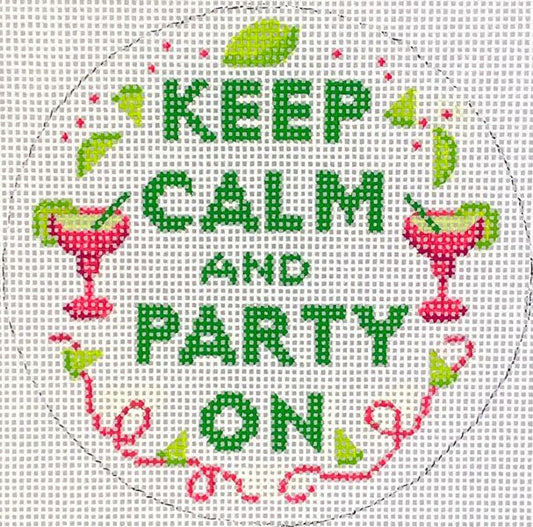 Kate Dickerson Needlepoint Collections 4” Round - Keep Calm & Party on - Pink & Green Needlepoint Canvas