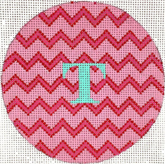 Kate Dickerson Needlepoint Collections 4” Round - Zigzag - Pinks & Red with Turquoise Letter Needlepoint Canvas