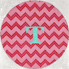 Kate Dickerson Needlepoint Collections 4” Round - Zigzag - Pinks & Red with Turquoise Letter Needlepoint Canvas