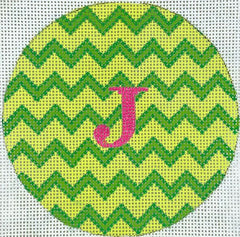 Kate Dickerson Needlepoint Collections 4” Round - Zigzag - Limes with Hot Pink Letter Needlepoint Canvas