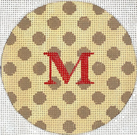 Kate Dickerson Needlepoint Collections 4” Round - Polka Dots - Tans with Red Letter Needlepoint Canvas