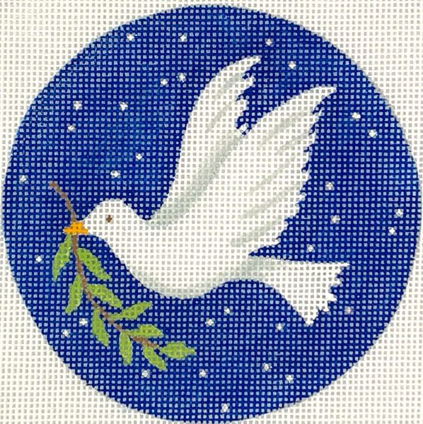 Kate Dickerson Needlepoint Collections 4” Round - Dove with Olive Branch on Starry Night Sky Needlepoint Canvas