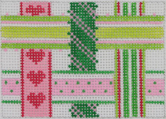 Kate Dickerson Needlepoint Collections Credit Card Case Insert - Woven Ribbons - Pinks & Greens Needlepoint Canvas