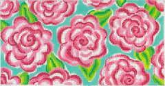 Kate Dickerson Needlepoint Collections Clutch Insert - Lilly-Inspired Roses - Pinks & Greens on Turquoise Needlepoint Canvas