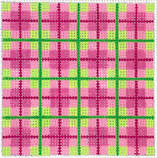 Kate Dickerson Needlepoint Collections 3” Square Insert - Madras Plaid - Raspberries & Greens Needlepoint Canvas