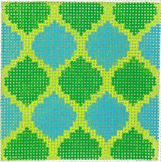 Kate Dickerson Needlepoint Collections Insert Quatrefoils Kelly & Aqua on Lime Needlepoint Canvas - 3 Square