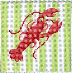 Kate Dickerson Needlepoint Collections 3” Square Insert - Lobster on Lime Cabana Stripes Needlepoint Canvas