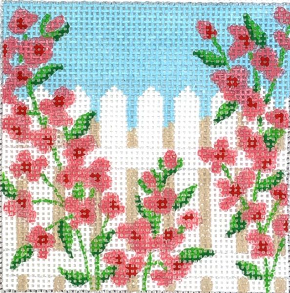 Kate Dickerson Needlepoint Collections Insert - Rose Covered Picket Fence Needlepoint Canvas - 3 Square