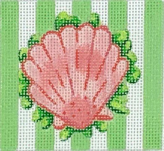 Kate Dickerson Needlepoint Collections 3” Square Insert - Scallop Shell on Green Cabana Stripes Needlepoint Canvas