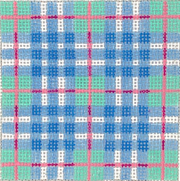 Kate Dickerson Needlepoint Collections 3” Square Insert - Madras - Turquoise, Blues & Pink with Blue Letter Needlepoint Canvas