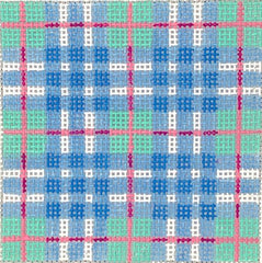 Kate Dickerson Needlepoint Collections 3” Square Insert - Madras - Turquoise, Blues & Pink with Blue Letter Needlepoint Canvas