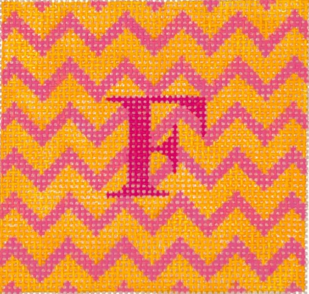 Kate Dickerson Needlepoint Collections 3” Square Insert - Zigzag - Tangerine & Pink with Magenta Letter Needlepoint Canvas