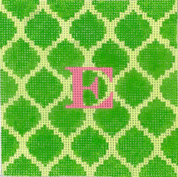 Kate Dickerson Needlepoint Collections Square Insert Quatrefoils Green on Lime Needlepoint Canvas - 4 Square