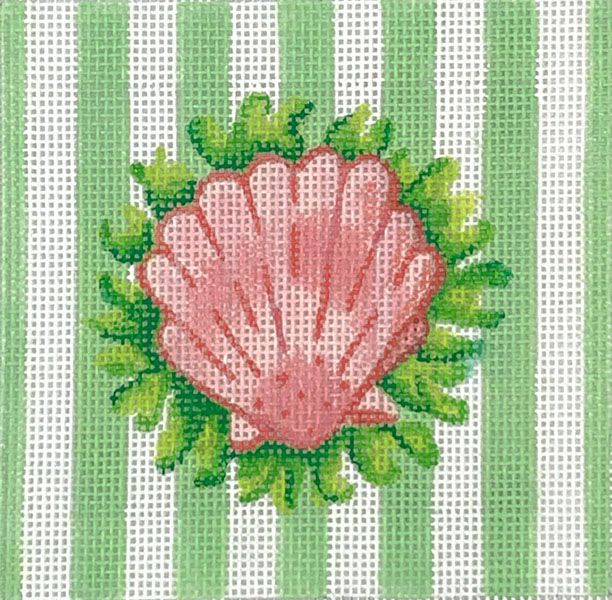 Kate Dickerson Needlepoint Collections 4” Square Insert - Scallop & Seaweed on Green Cabana Stripes - Corals & Greens Needlepoint Canvas