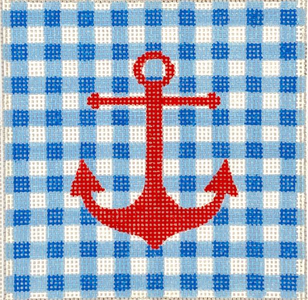 Kate Dickerson Needlepoint Collections 4” Square Insert - Red Anchor on Blue Gingham Needlepoint Canvas