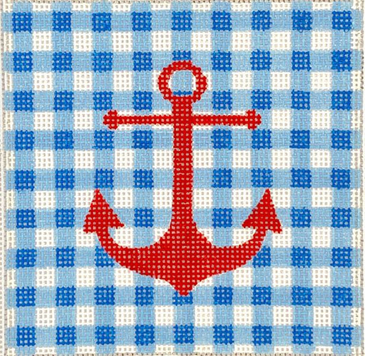 Kate Dickerson Needlepoint Collections 4” Square Insert - Red Anchor on Blue Gingham Needlepoint Canvas