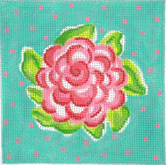 Kate Dickerson Needlepoint Collections 4” Square Insert - Lilly-Inspired Rose with Dots - Pink & Greens on Turquoise Needlepoint Canvas