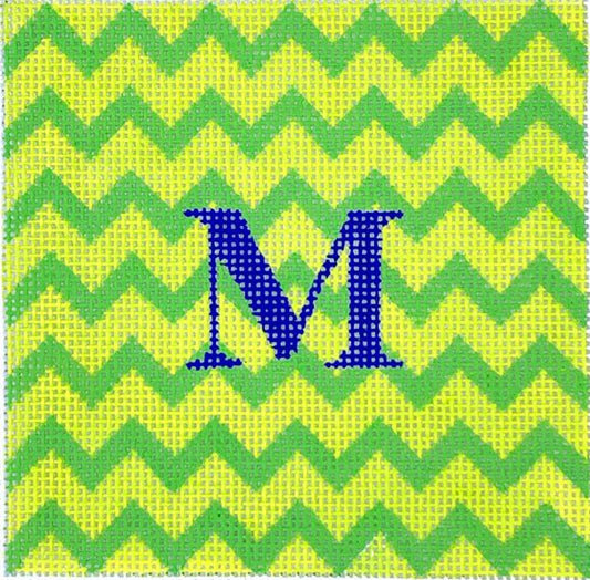 Kate Dickerson Needlepoint Collections 4” Square Insert - Zigzag - Grass Green on Lime with Raspberry Letter Needlepoint Canvas