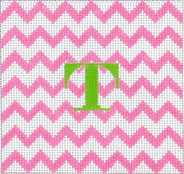 Kate Dickerson Needlepoint Collections 4” Square Insert - Zigzag - Pink on White with Green Letter Needlepoint Canvas