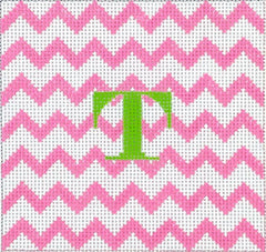 Kate Dickerson Needlepoint Collections 4” Square Insert - Zigzag - Pink on White with Green Letter Needlepoint Canvas