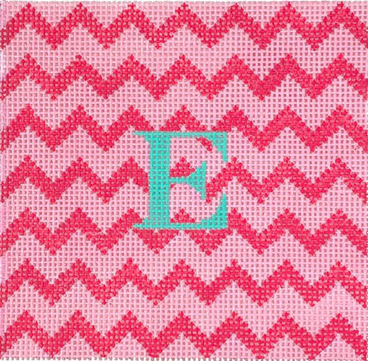 Kate Dickerson Needlepoint Collections 4” Square Insert - Zigzag - Raspberry on Pink with Green Letter Needlepoint Canvas