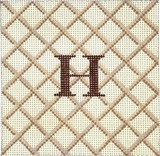 Kate Dickerson Needlepoint Collections 4” Square Insert - Lattice - Tans on Sand with Black Letter Needlepoint Canvas