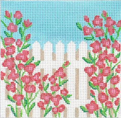 Kate Dickerson Needlepoint Collections 4” Square Insert - Rose Covered Picket Fence Needlepoint Canvas