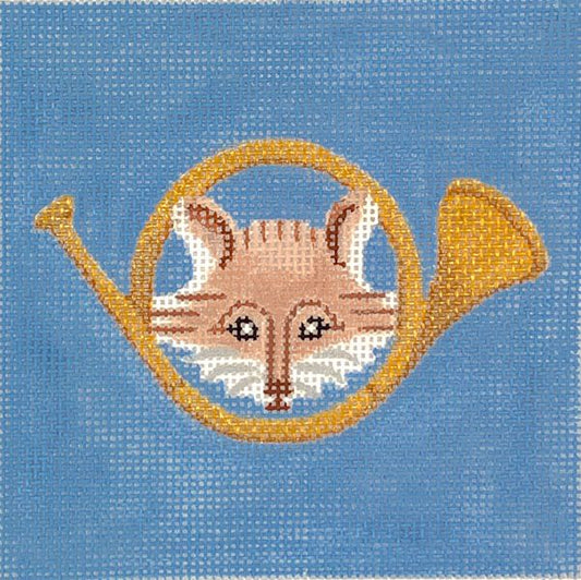 Kate Dickerson Needlepoint Collections 4” Square Insert - Fox & Hunting Horn - on Medium Sky Blue Needlepoint Canvas