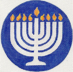 Kate Dickerson Needlepoint Collections Menorah - Sparkly White, Yellow & Orange on Deep Blue Needlepoint Canvas