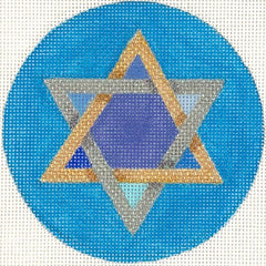 Kate Dickerson Needlepoint Collections Star of David - Mixed Blues, Golds, Silvers on Bright Blue Background Needlepoint Canvas