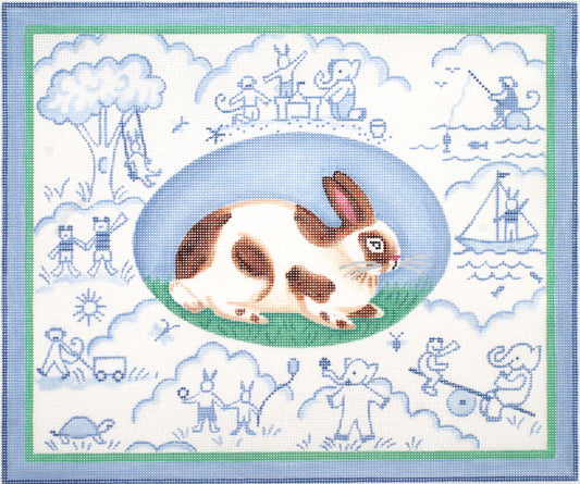 Kate Dickerson Needlepoint Collections Kelly Rightsell Bunny Toile Blues Needlepoint Canvas