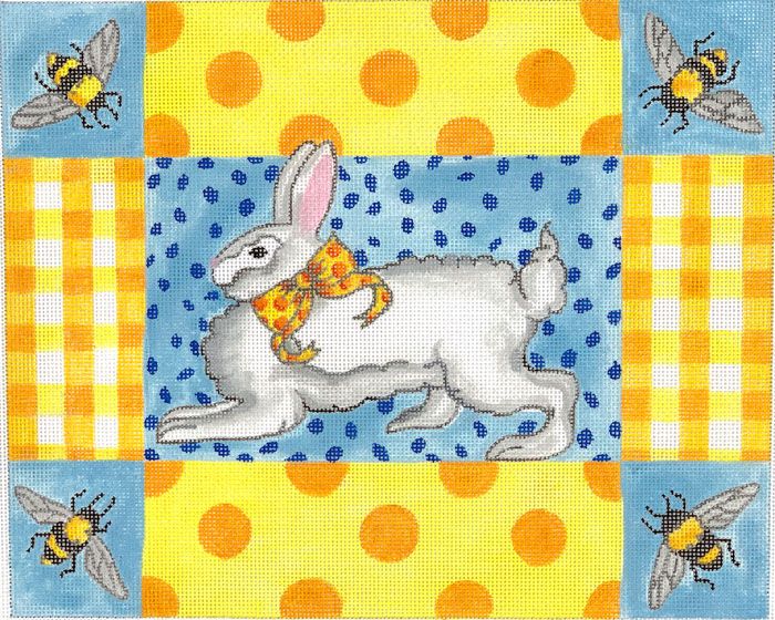 Kate Dickerson Needlepoint Collections Kelly Rightsell - Running Bunny with Bees, Gingham & Polka Dots - Yellows, Oranges & Blues Needlepoint Canvas