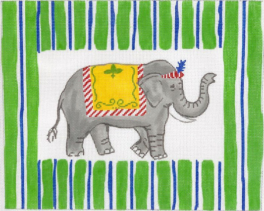 Kate Dickerson Needlepoint Collections Kelly Rightsell - Elephant with Blue & Green Stripes Needlepoint Canvas
