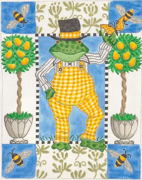 Kate Dickerson Needlepoint Collections Kelly Rightsell Frog In Yellow Gingham Overalls with Bees & Lemon Topiaries Needlepoint Canvas