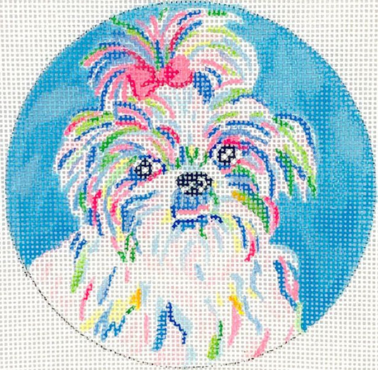 Kate Dickerson Needlepoint Collections Megan Carn - Shih Tzu Ornament/Mini with Pink Bow - on Medium Blue Needlepoint Canvas