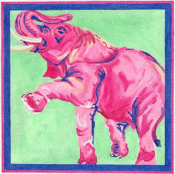 Kate Dickerson Needlepoint Collections Megan Carn - Fuchsia Prancing Elephant In Light Green - Pinks, Blues & Greens Needlepoint Canvas