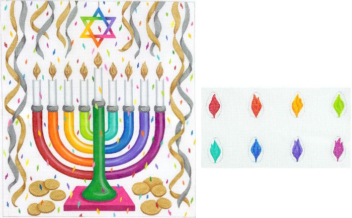 Kate Dickerson Needlepoint Collections Menorah Set - Rainbow Confetti with Individual Flames - Multi Bright Colors with Silver & Gold Needlepoint Canvas