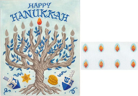 Kate Dickerson Needlepoint Collections Menorah Set - Tree of Life with Individual Flames - Blues, Silvers, Golds, Oranges & Sparkles Needlepoint Canvas