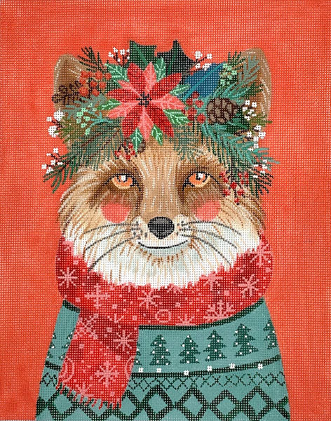 Kate Dickerson Needlepoint Collections Christmas Squad Fox on Tomato Red Needlepoint Canvas