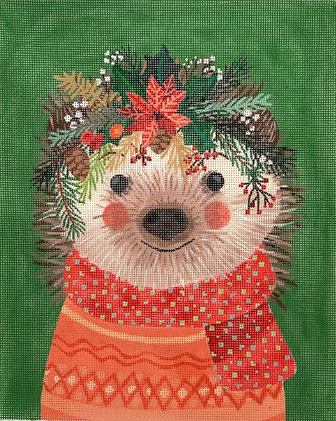 Kate Dickerson Needlepoint Collections Christmas Squad Hedgehog On Forest Green Needlepoint Canvas
